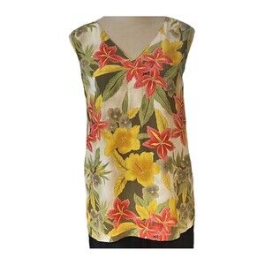 Kaktus Women’s Floral V-neck Sleeveless Blouse Pink Yellow Green Size Medium